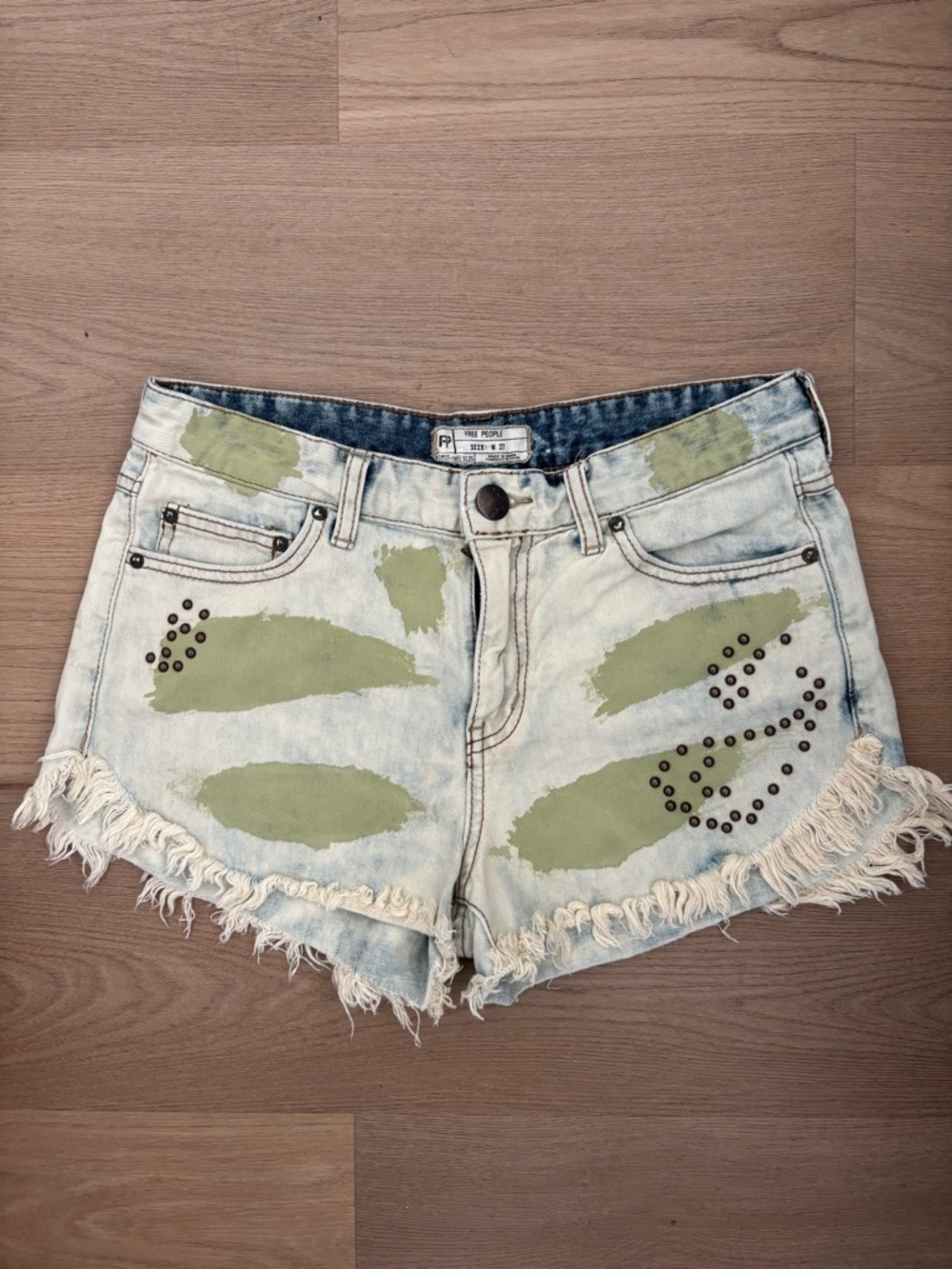 Free People Studded Camo Fringed Denim Shorts size 27